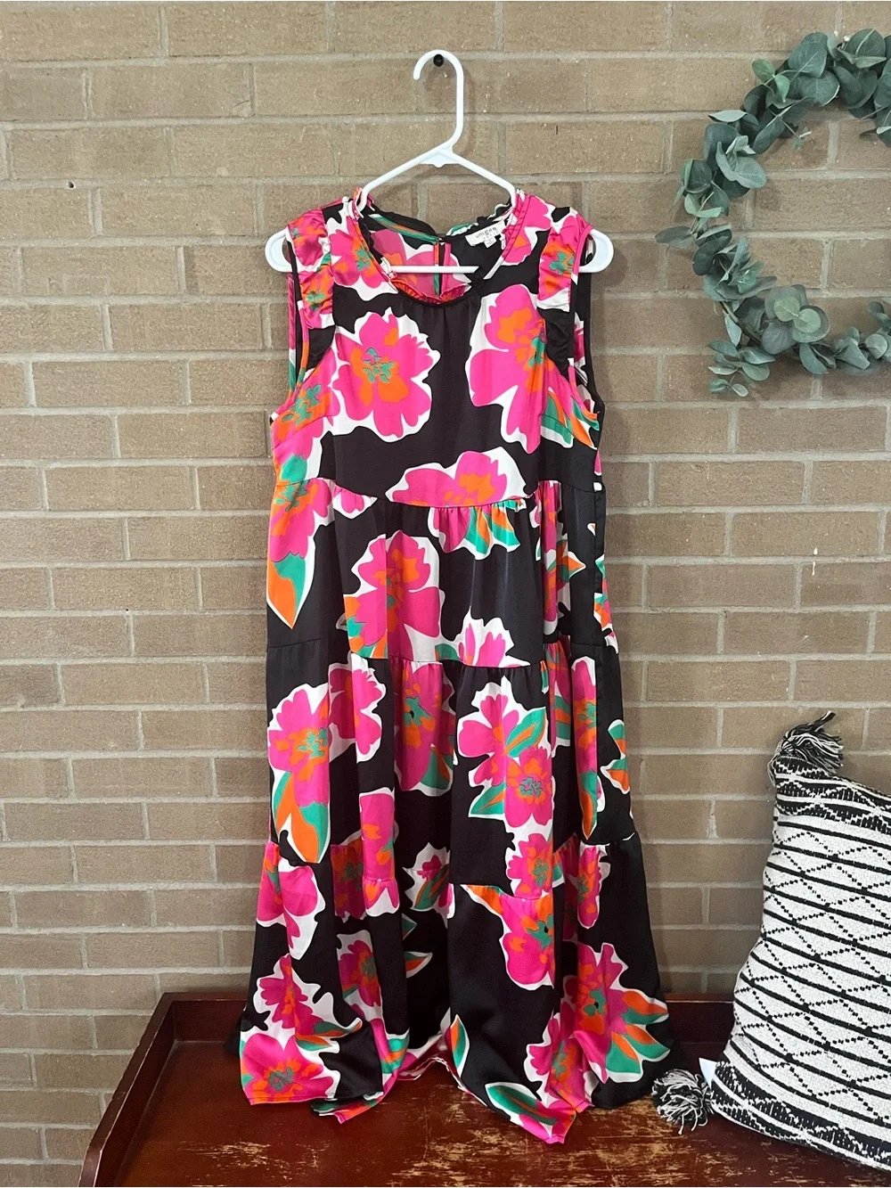 Umgee Black Midi Dress with Hot Pink Floral Print - Picture 2 of 4